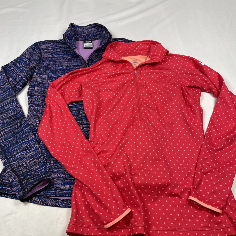 Lot of 2x Nike Pro Dri-FIT Womens Medium 1/2 Zip Pullover Purple Red Polka Dot - Picture 2 of 9